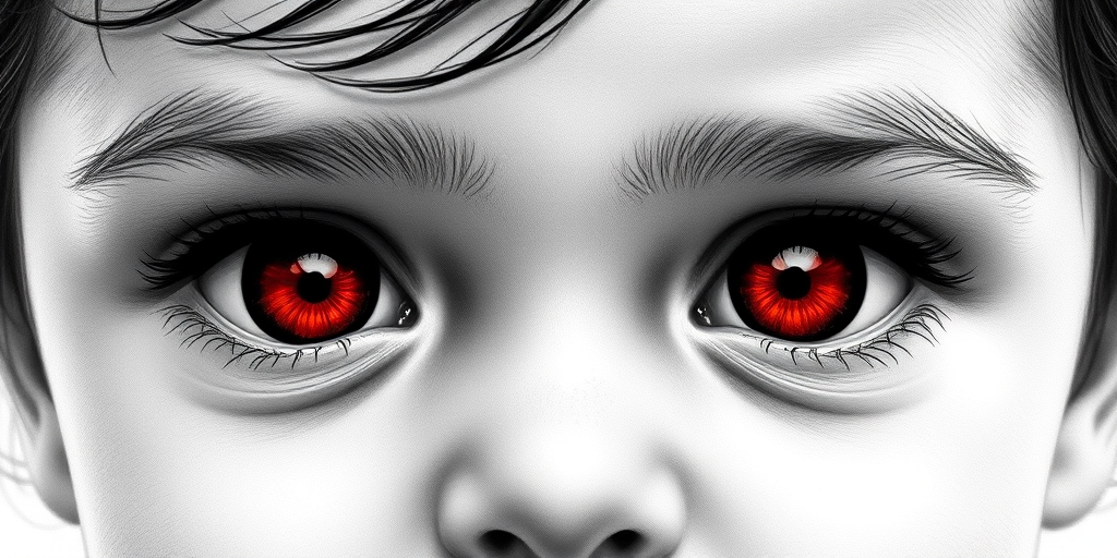 A hyperdetailed photorealistic black and white sketch of a beautiful toddler with deep red eyes, with a macro focus