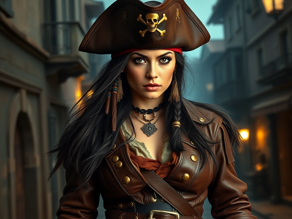 Create a portrait of a fierce female pirate. She wears a leather tricorn hat adorned with a skull and crossbones emblem, and her long, dark hair flows around her face. Her outfit consists of a richly detailed leather jacket, a corset, and multiple layers of belts and accessories, giving her a formidable and stylish appearance. She stands confidently in a dimly lit, historic port town, with a backdrop of weathered buildings and cobblestone streets, capturing the adventurous spirit of a pirate.