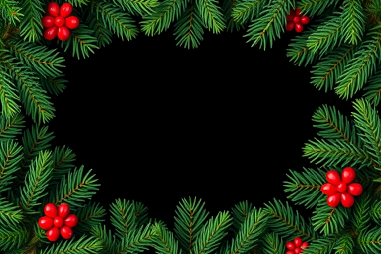 Create an image of a Christmas-themed border made of evergreen pine branches, with a black center, using a DSLR camera at f/2.8 aperture, 50mm lens, 1/250 sec exposure, natural lighting, and a shallow depth of field to enhance the greenery detail and create a soft background.