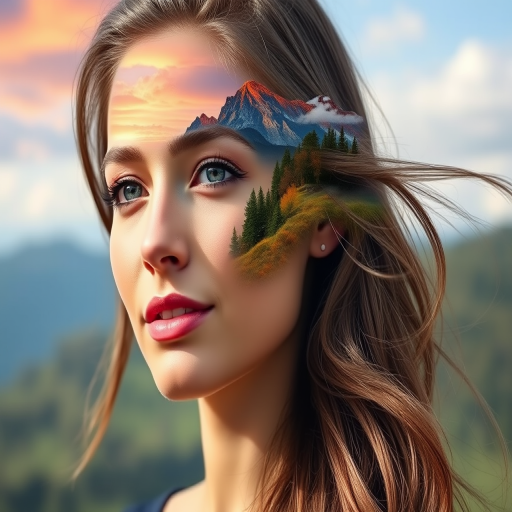 Create a surreal portrait of a woman with a landscape integrated into her hair, featuring a colorful, vibrant scene with mountains, trees, and clouds, using a 50mm lens, f/1.8 aperture, ISO 100, in natural lighting, shot from a slightly low angle to enhance depth and detail.