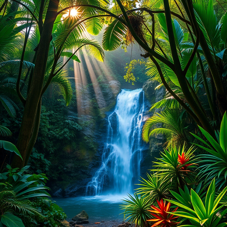 lush tropical rainforest with a waterfall, early morning light filtering through trees, vibrant greenery and exotic plants, Canon EOS R5, 24mm lens, f/8, ISO 100, HDR setting, high dynamic range photography