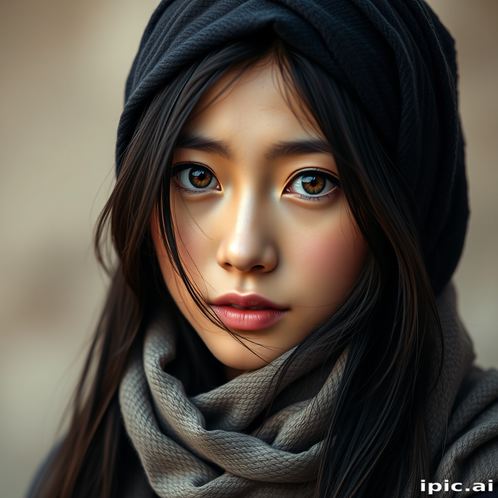 Create a portrait of a young japanese woman with long, dark hair and captivating hazel eyes. She is wearing a dark headscarf and a matching scarf draped gracefully around her neck. The background is softly blurred, focusing attention on her serene and natural expression. The overall color palette is muted and warm, enhancing the intimate and authentic feel of the portrait.