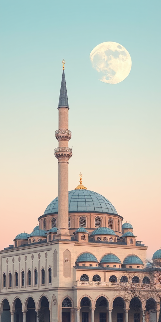 Create a serene digital illustration of a mosque with a prominent dome and minaret under a full moon, using a wide-angle lens at f/8, ISO 100, and a soft focus to enhance details and create a tranquil atmosphere, with a pastel color palette.