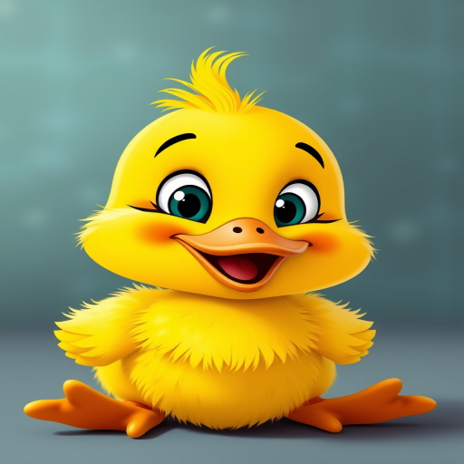 Generate a cartoon image of a happy, smiling yellow duckling with exaggerated features and a playful expression, using a DSLR camera with a 50mm lens, f/2.8 aperture, ISO 200, and a vibrant color profile for enhanced image quality.