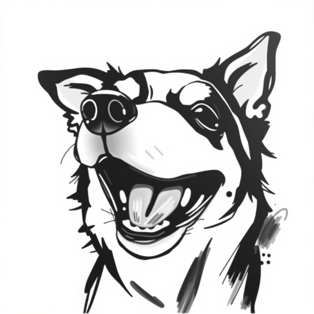 Abstract black and white acrylic portrait of an over exaggerated laughing (dog). Minimalism style. White background.