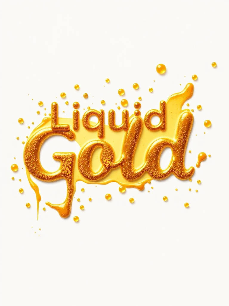 Create a vibrant, high-resolution graphic of the phrase "Liquid Gold" with splashes of golden droplets on a white background, using a Canon EOS R5 camera, 50mm lens, f/1.8 aperture, ISO 100, 1/250s shutter speed, with soft natural lighting and a focus on texture details.