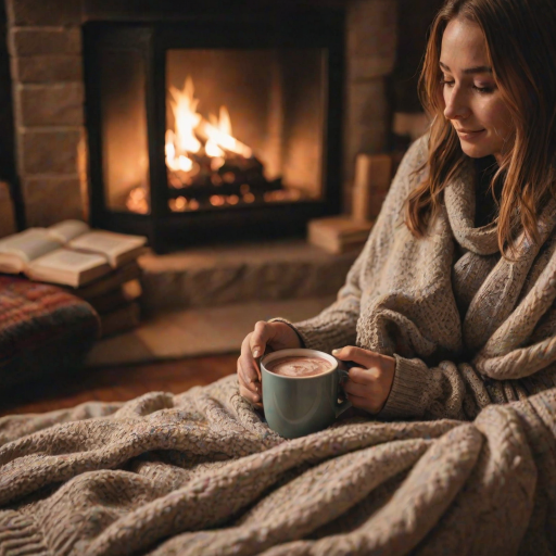 Soft-focus image of a woman at a cozy fireplace, wearing soft loungewear, holding a mug of hot chocolate, with a stack of books and a warm blanket nearby, creating a relaxing atmosphere.