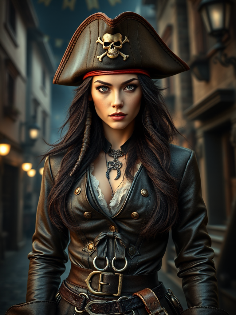 Create a portrait of a fierce female pirate. She wears a leather tricorn hat adorned with a skull and crossbones emblem, and her long, dark hair flows around her face. Her outfit consists of a richly detailed leather jacket, a corset, and multiple layers of belts and accessories, giving her a formidable and stylish appearance. She stands confidently in a dimly lit, historic port town, with a backdrop of weathered buildings and cobblestone streets, capturing the adventurous spirit of a pirate.