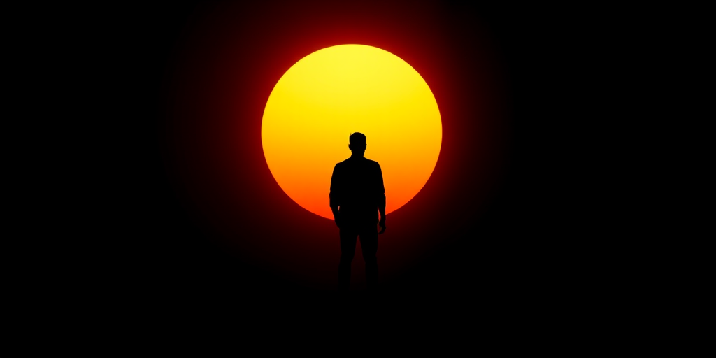 Generate an image of a silhouette of a person standing on a path towards a large, bright yellow sun on a black background, using a DSLR camera, 50mm lens, aperture f/1.8, ISO 100, shot at sunset for smooth gradients and high contrast.