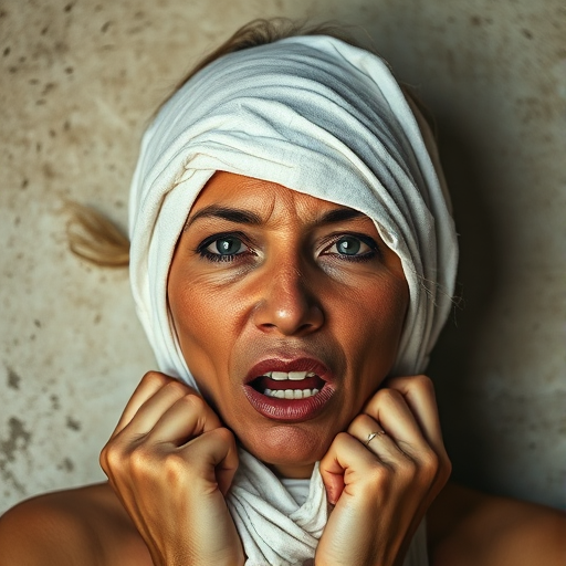 Create a close-up photographic image of a Native American woman with light skin tones shown against an old, worn wall. Their head is wrapped in a white cloth covering (i.e.... parts of the head except the nose and mouth, which are open as if they are screaming...), with a slight texture and visible folds in the fabric. Thin strands of blonde hair escape from the wrapping above, falling lightly at the top and sides. Their hands hold the fabric as if they are tugging nervously. The lighting is dramatic and even, casting strong shadows. The image has a minimalist and surreal style with an emphasis on simplicity with soft color tones. The composition is centered.