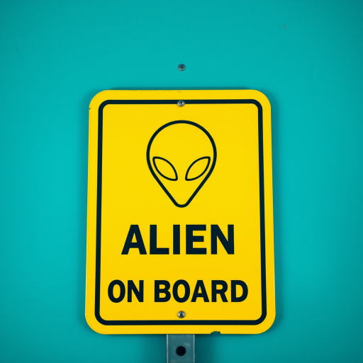 Create a yellow caution sign with bold black text that reads "ALIEN ON BOARD" and an alien face graphic in the center, shot with a Canon EOS R5, 50mm lens, f/2.8 aperture, 1/250 sec shutter speed, and set to a top-down view for a clean, modern look.
