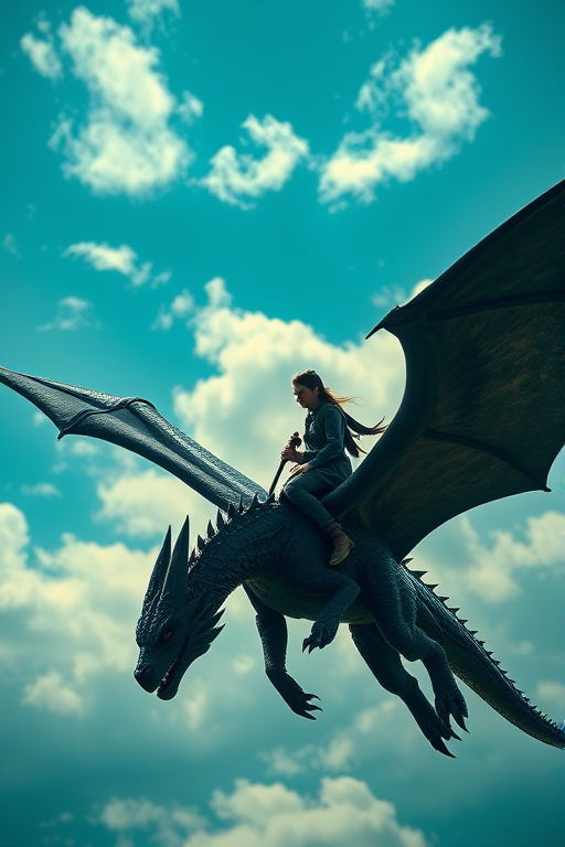 A fantasy scene of a rider on a black dragon soaring through the sky, captured with a Canon EOS R5, 24mm lens, f/2.8 aperture, 1/1000s shutter speed, ISO 100, in high dynamic range with a wide-angle view for enhanced depth and clarity.