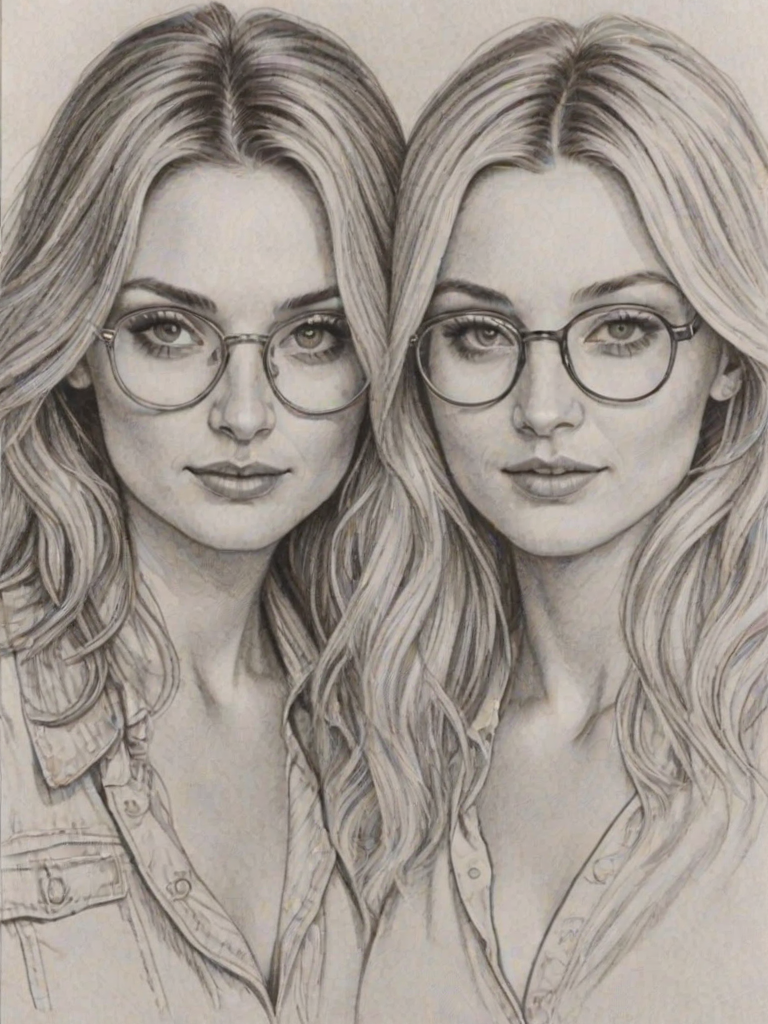 Enticing Aly & AJ, pencil sketch, portrait of Enticing woman 1977s in glasses, hair style beatnik, outline, clear lines, fine lines, 8k
