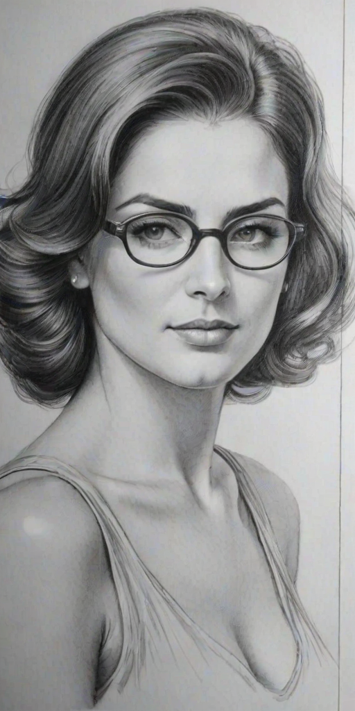 Pleasing Ada Nicodemou, pencil sketch, portrait of Alluring woman 1933s in glasses, hair style beatnik, outline, clear lines, fine lines, 8k