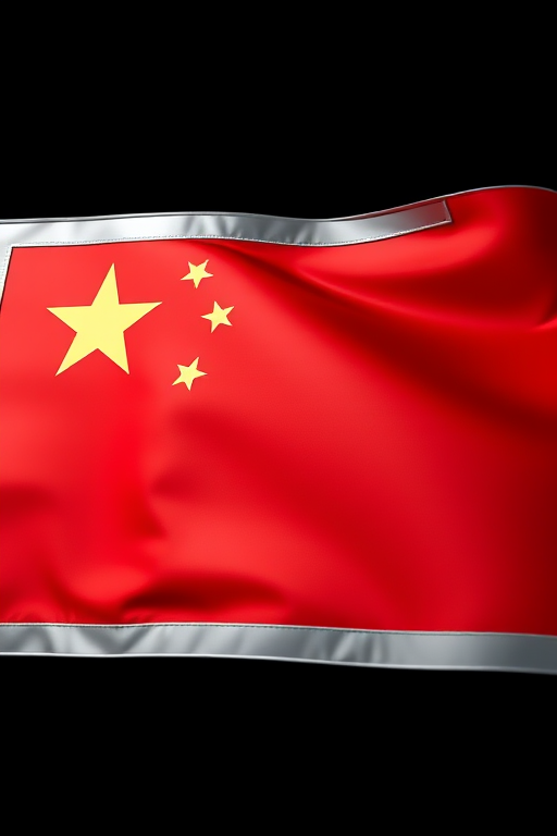 Create a high-resolution image of the Chinese flag with a glossy, 3D silver border, shot with a Canon EOS 5D Mark IV at f/8, ISO 100, using a wide-angle lens at 24mm, with soft lighting to enhance the colors and details.