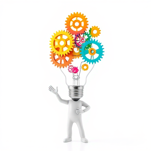 Create an image of a white background with a 3D figure presenting a light bulb made of colorful gears and cogs, captured with a DSLR camera at f/2.8 aperture, ISO 100, 50mm lens, and soft lighting to enhance details and contrast.