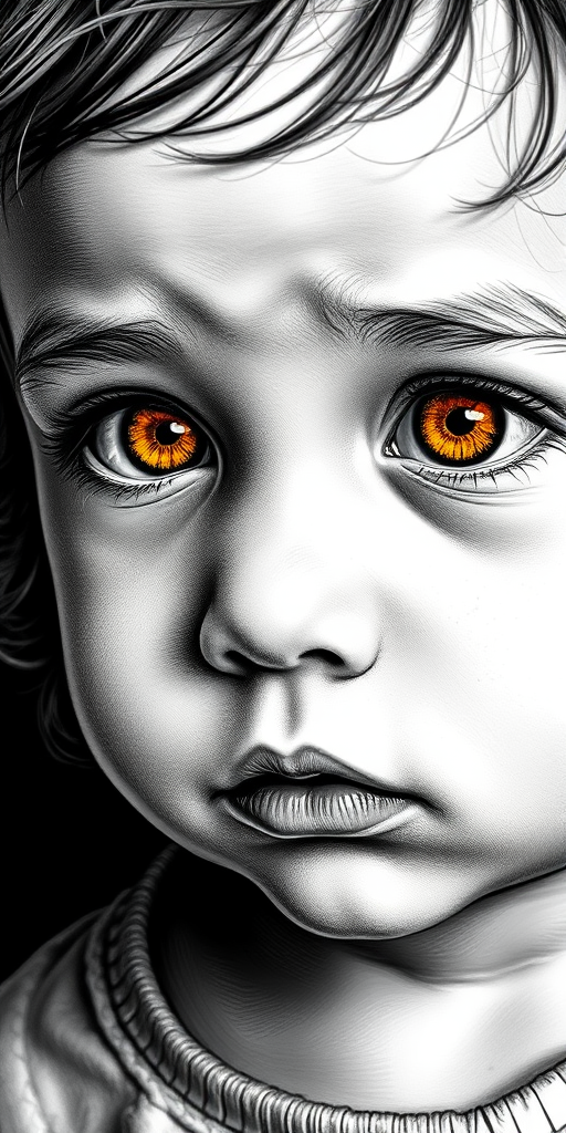 A hyperdetailed photorealistic black and white sketch of a beautiful toddler with deep orange eyes, with a macro focus