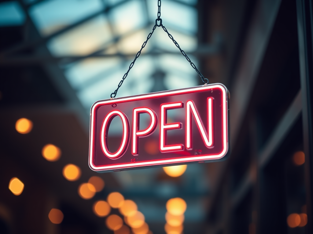 Create a high-resolution image of a hanging open sign with a shallow depth of field, illuminated by soft bokeh lights in the background, captured with a DSLR camera, 50mm lens, f/2.8 aperture, ISO 100, and natural lighting.
