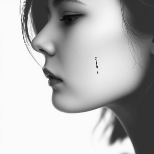 Create a minimalist line drawing of a woman's face in profile with a tear falling from her eye, using a soft focus effect, shot with a Canon EOS R5 at f/1.8, 50mm lens, natural light, and a high contrast monochrome style.