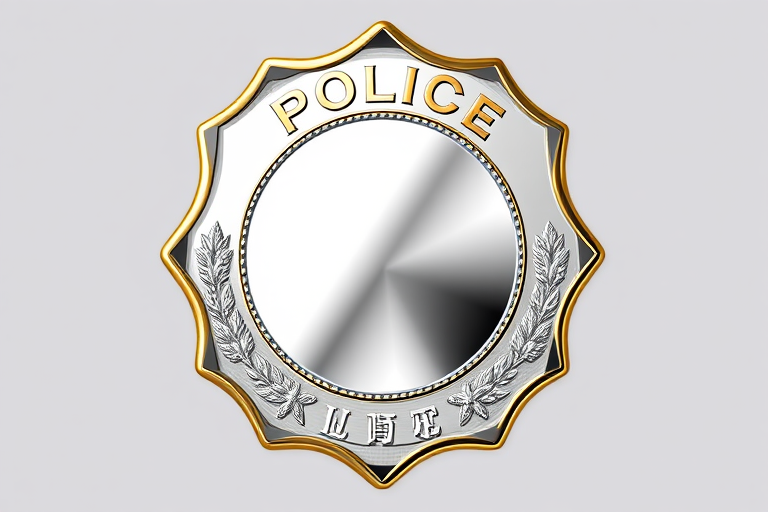 Create a detailed design of a blank police badge in vector style, with a shiny silver surface and a golden border, captured with a DSLR camera, using a 50mm lens at f/2.8, natural light, and a shallow depth of field to enhance the badge's contours and reflections.