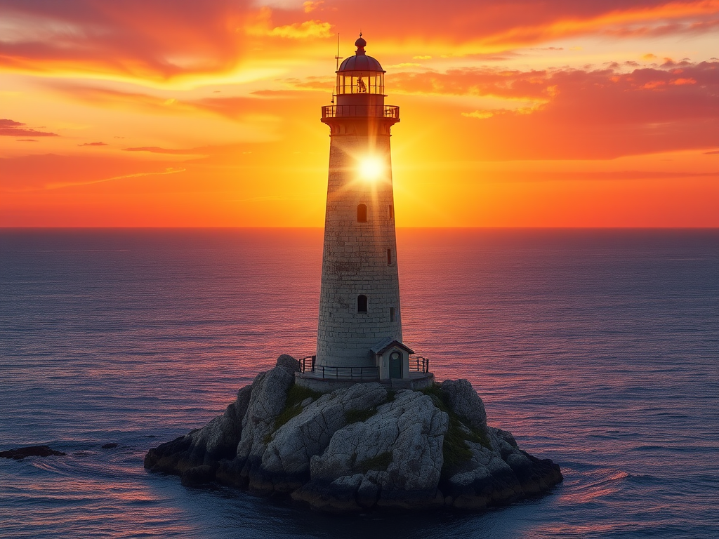 Generate an image of a tall lighthouse perched on a rocky outcrop surrounded by calm ocean waters during a breathtaking sunset. The lighthouse stands sturdy and weathered, its stone surface illuminated by the warm golden light of the setting sun. The sun's rays pass directly through the glass lantern room at the top of the lighthouse, casting a brilliant light across the scene. The sky is painted with vibrant shades of orange, pink, and purple, reflecting off the tranquil sea. The surrounding water shimmers with the same warm hues, creating a serene and majestic atmosphere.