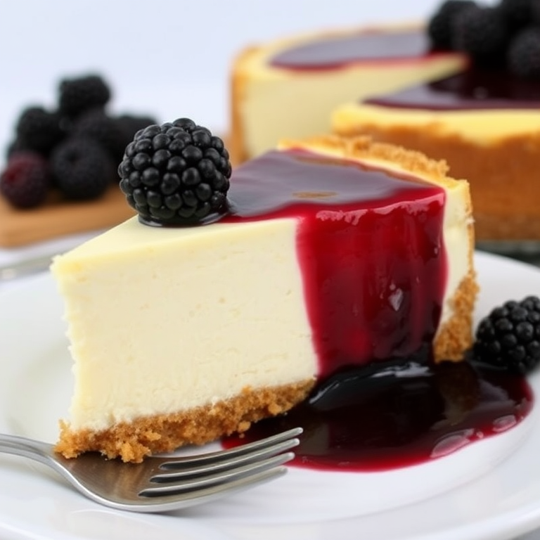 A slice of cheesecake with a creamy white filling and a graham cracker crust topped with a glossy blackberry sauce and fresh blackberries on top, served on a white plate with a fork beside it, with a whole cheesecake in the background.