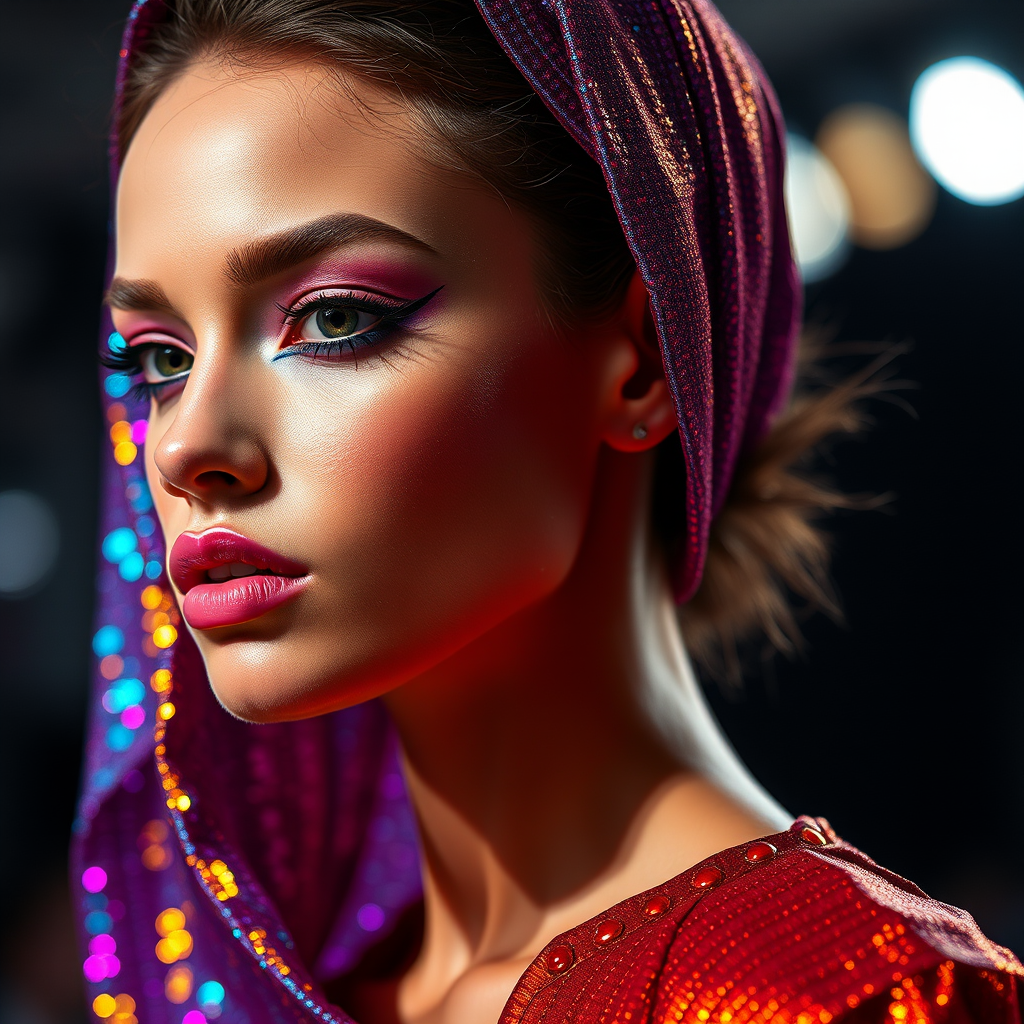 Runway capture, a beautiful model, vibrant colors, metallic textures, high fashion editorial , a 100mm macro lens to get extreme close-ups of intricate details like fabric stitching, accessories, or makeup artistry