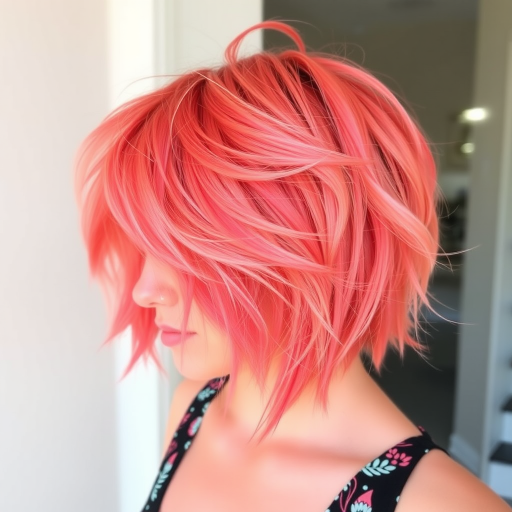 Vibrant coral feathered shag called Tropical Sunset showcasing choppy layers and wispy bangs in a gradient of warm peachy hues reminiscent of a breathtaking island sunset