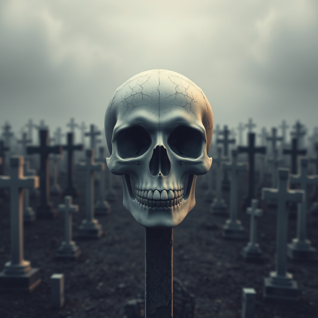 Create a high-resolution digital illustration of a prominent skull against a backdrop of numerous crosses in a graveyard, use a DSLR camera with a 50mm lens, aperture set to f/1.8 for a shallow depth of field, and a panoramic view for a dramatic effect, focusing on enhanced contrast and clarity.