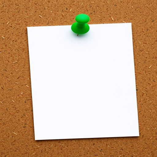 Create a detailed illustration of a blank sheet of paper pinned with a green pushpin on a corkboard, using a DSLR camera with a 50mm lens, aperture set to f/2.8, ISO 100, and natural lighting to enhance image quality and capture fine details.