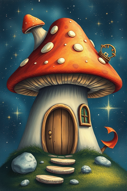 this picture is illustration of a mushroom house with a door and a window, a storybook , fantasy art, mushroom house, bg starry sky, sparkles