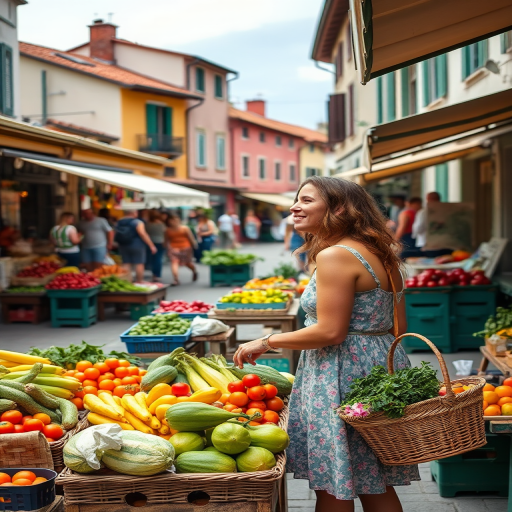 Charming market square in a small town, with colorful stalls selling fresh produce, a woman in a summer dress picks out ripe tomatoes, her basket already filled with local goods.