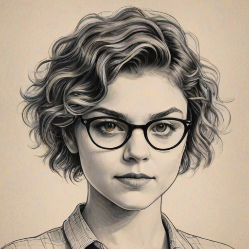 Comely Camren Bicondova, pencil sketch, portrait of Delightful woman 1922s in glasses, hair style beatnik, outline, clear lines, fine lines, 8k