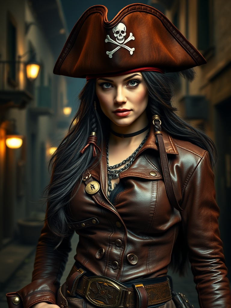 Create a portrait of a fierce female pirate. She wears a leather tricorn hat adorned with a skull and crossbones emblem, and her long, dark hair flows around her face. Her outfit consists of a richly detailed leather jacket, a corset, and multiple layers of belts and accessories, giving her a formidable and stylish appearance. She stands confidently in a dimly lit, historic port town, with a backdrop of weathered buildings and cobblestone streets, capturing the adventurous spirit of a pirate.