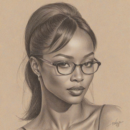 Elegant Naomi Campbell, pencil sketch, portrait of Bewitching woman 1938s in glasses, hair style beatnik, outline, clear lines, fine lines, 8k