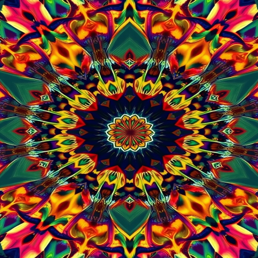 Create a high-resolution illustration of an abstract geometric pattern with vivid colors and intricate shapes, using a 50mm lens, f/1.8 aperture, 1/125 sec shutter speed, taken from a top-down perspective with a digital DSLR camera to enhance image quality.
