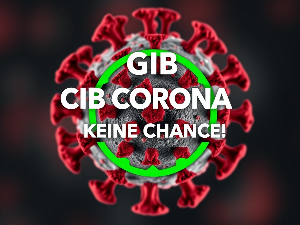 Create a vibrant graphic representation of a coronavirus symbol with the text "GIB CORONA KEINE CHANCE!" in bold white letters, featuring a green circular design, using a Canon EOS R5 camera with a 50mm f/1.2 lens, aperture set to f/2.8, ISO 200, and a soft focus background for heightened visual impact.