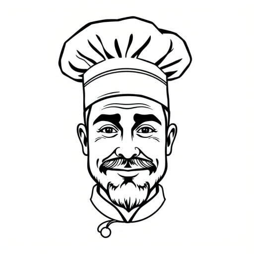 create a minimalist illustration of a chef's face with a stylish hat, high contrast black and white line art, using a digital drawing tablet, 300 DPI resolution, top-down view, soft natural lighting