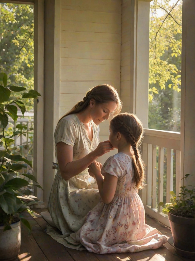 Warm, intimate image of a mother braiding her daughter's hair on a sunlit porch, soft sunlight filtering through the leaves of nearby trees, birds chirping in the distance, and a sense of tenderness and connection.