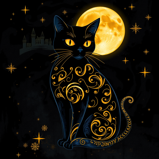 a stylized black cat with iridescent golden arabesques all over its body, on a grungy smoky black background with matching celestial designs, a full moon with silhouettes of lit houses, bright shooting stars, dazzling, magical BG, reminiscent of Christmas wonderland