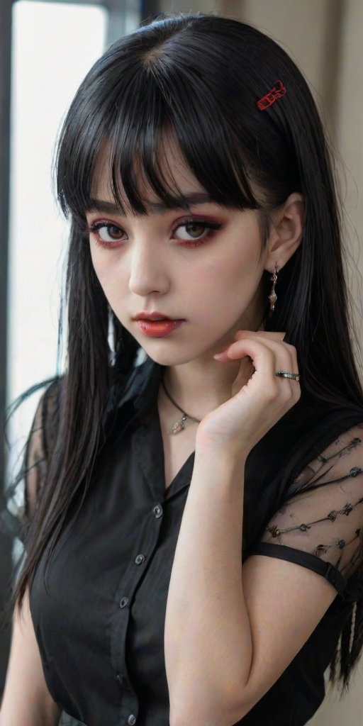 1girl, solo, long hair, looking at viewer, bangs, shirt, black hair, hair ornament, red eyes, jewelry, closed mouth, upper body, short sleeves, earrings, hairclip, indoors, blunt bangs, necklace, black shirt, makeup, piercing, ring, cross, ear piercing, fishnets, black nails, watch, head rest, red lips, wristwatch, gothic