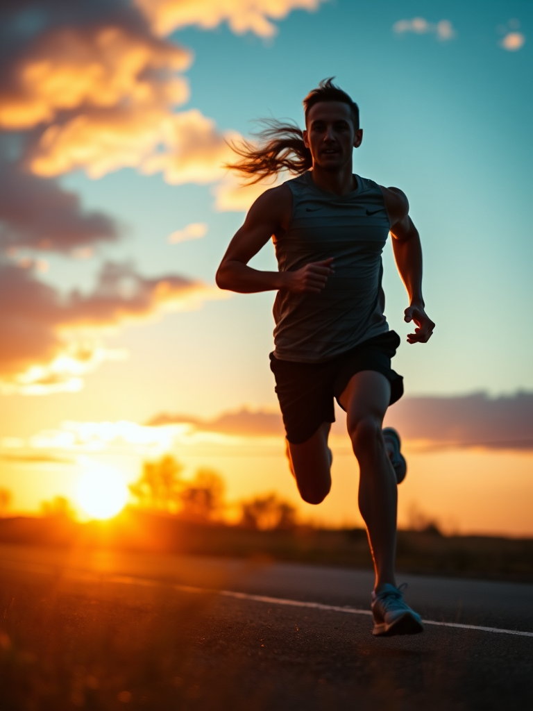 Capture a dynamic scene of a runner in motion during sunset, emphasizing the energy radiating from their figure, with a shallow depth of field, f/2.8 aperture, ISO 100, 1/500 sec shutter speed, shot with a full-frame DSLR in vibrant colors and high contrast.