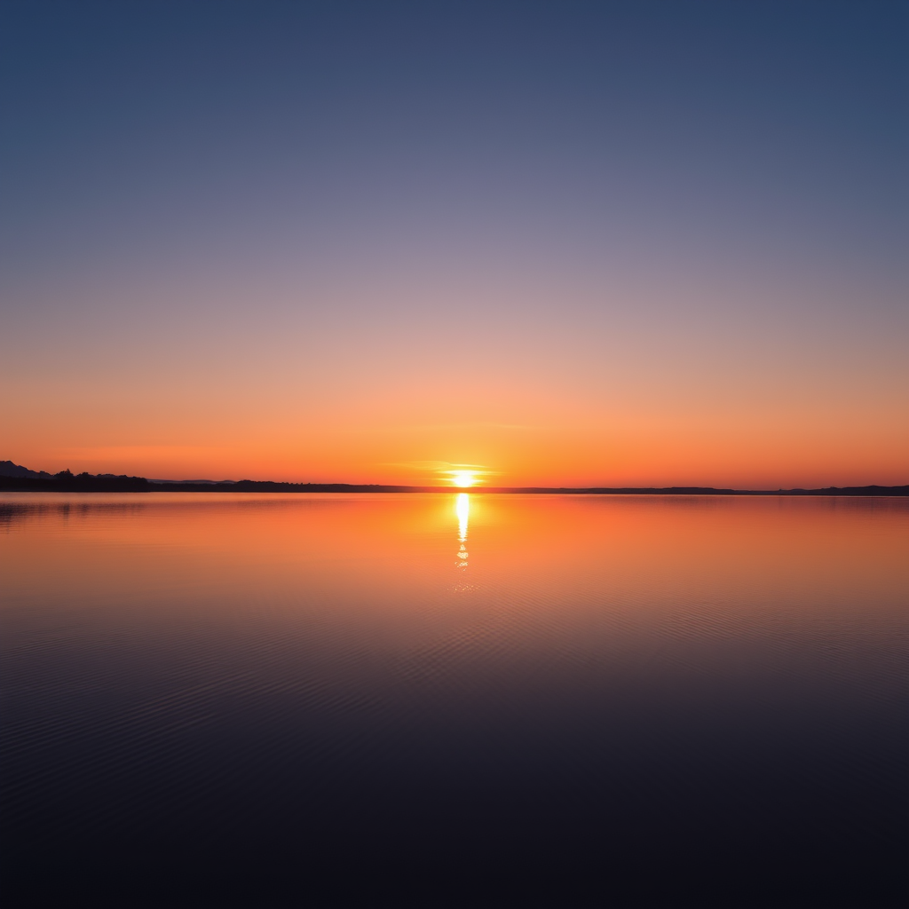 Generate a high-resolution image of a serene sunset over a calm lake, using a DSLR camera set to aperture f/8, shutter speed 1/125 sec, ISO 200, with a wide-angle lens at 24mm, capturing a clear reflection on the water surface.