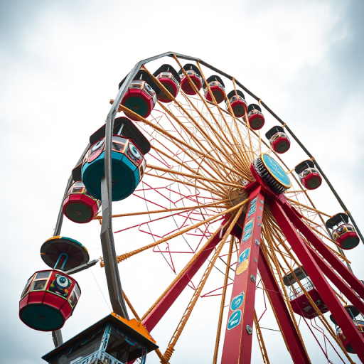 Capture a high-resolution image of a colorful ferris wheel with close-up detail on the gondolas, using a DSLR camera with a 50mm lens, f/2.8 aperture, ISO 100, and a shutter speed of 1/500 sec, taken from a low angle to emphasize the height and structure against a cloudy sky.