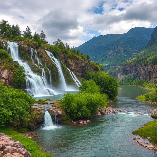 Generate a serene landscape with cascading waterfalls, lush greenery, and a calm river flowing through mountains, captured with a DSLR camera at f/8 aperture, 1/250 shutter speed, ISO 100, in landscape view, using HDR photographic style for enhanced detail and vibrant colors.