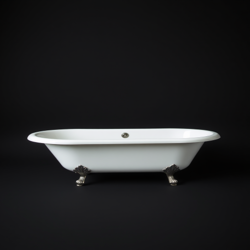 A vintage-style bathtub on a plain black background, shot with a DSLR camera at f/2.8, ISO 100, 50mm lens, in soft focus for a minimalist aesthetic.