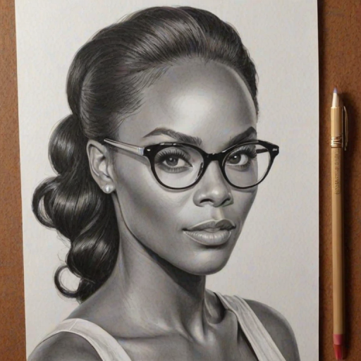 Stunning Tika Sumpter, pencil sketch, portrait of Exquisite woman 1961s in glasses, hair style beatnik, outline, clear lines, fine lines, 8k
