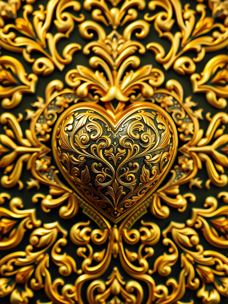 create a highly detailed, intricate golden heart pattern with floral and paisley designs, using a macro lens, f/2.8 aperture, ISO 100, 1/125s shutter speed, top-down view, DSLR camera, high dynamic range, vivid colors