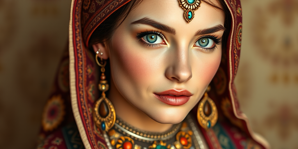 Create a portrait of a beautiful Circassian woman with striking cyan eyes and a gentle expression. She is adorned in traditional attire with intricate patterns, including a richly embroidered headscarf and matching garments. Her jewelry includes a delicate headpiece, dangling earrings, and ornate bracelets, all featuring vibrant gemstones and detailed metalwork. The background is soft and warm, enhancing the rich colors of her outfit and jewelry.