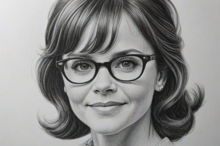 Comely Sally Field, pencil sketch, portrait of Graceful woman 1951s in glasses, hair style beatnik, outline, clear lines, fine lines, 8k